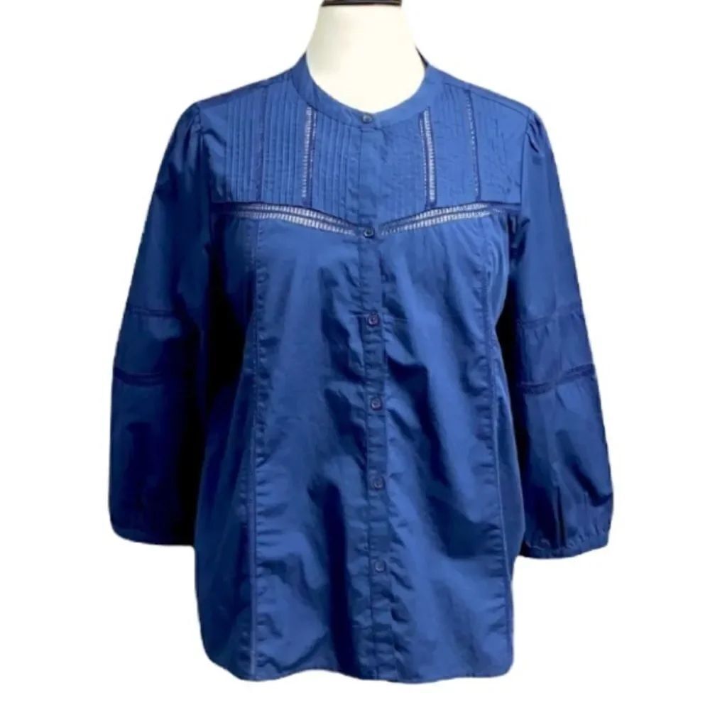 Lucky Brand Navy Long Sleeve Poplin Peasant Top